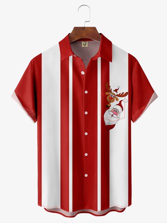 Santa Elk Chest Pocket Short Sleeve Bowling Shirt