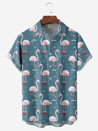 Christmas Flamingo Chest Pocket Short Sleeve Hawaiian Shirt
