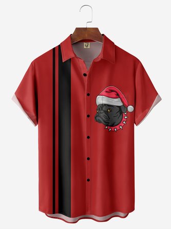 Christmas Dog Head Chest Pocket Short Sleeve Bowling Shirt