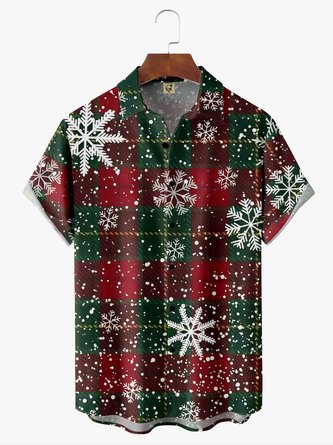 Christmas Plaid Chest Pocket Short Sleeve Casual Shirt