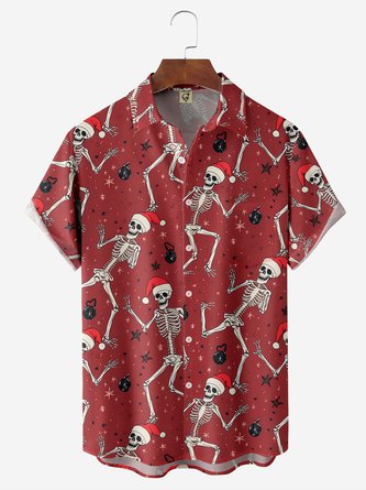 Christmas Skull Chest Pocket Short Sleeve Casual Shirt