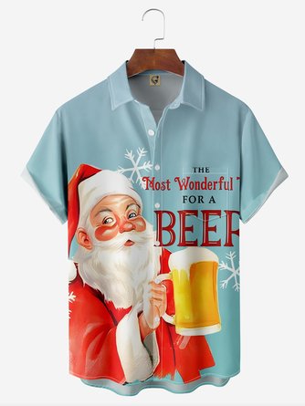 Big Size Santa Beer Chest Pocket Short Sleeve Casual Shirt