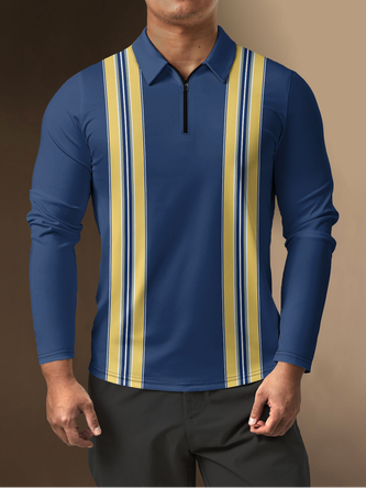 Geometric Color Block Long Sleeve Casual Polo Bowling Shirt