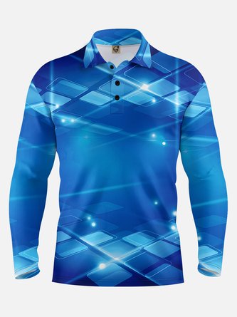 Abstract Tech Geometric Long Sleeve Casual Polo Shirt