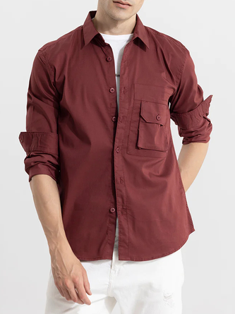 Cotton Plain Chest Pocket Long Sleeve Casual Shirt
