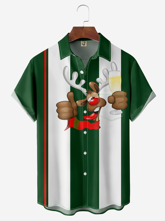 Funny Christmas Elk Chest Pocket Short Sleeve Bowling Shirt