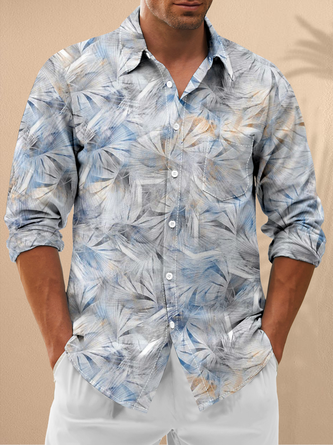 Linen Texture Tropical Floral Print Chest Pocket Long Sleeve Casual Shirt