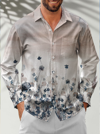 Linen Texture Floral Print Chest Pocket Long Sleeve Casual Shirt