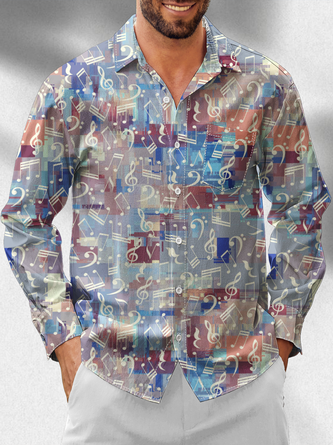Linen Texture Abstract Gradient Block & Musical Note Print Chest Pocket Long Sleeve Casual Shirt