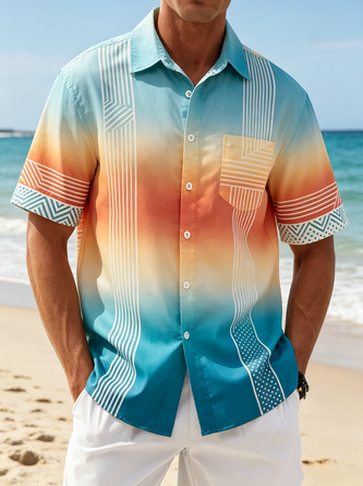 Linen Texture Gradient Stripe Chest Pocket Holiday Hawaiian Shirt
