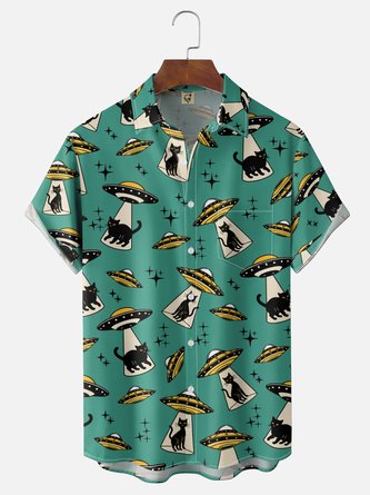 Moisture Wicking Fun UFO Cat Holiday Chest Pocket Hawaiian Shirt