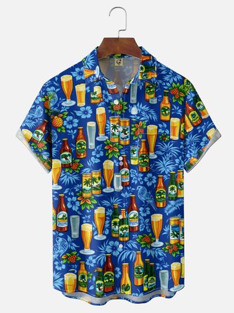 Moisture Wicking Tropical Floral & Whiskey Cocktail Print Chest Pocket Holiday Hawaiian Shirt