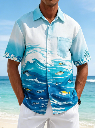 Linen Texture Tropical Wave & Fish Print Chest Pocket Holiday Hawaiian Shirt