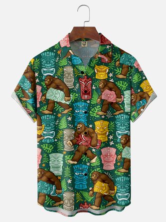 Moisture Wicking Tropical Floral Bigfoot Tiki Print Chest Pocket Holiday Hawaiian Shirt