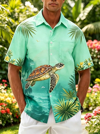 Linen Texture Tropical Floral Turtle Print Holiday Chest Pocket Hawaiian Shirt