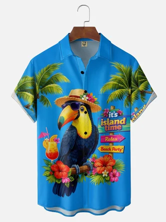 Moisture Wicking Tropical Floral & Toucan Print Chest Pocket Holiday Hawaiian Shirt