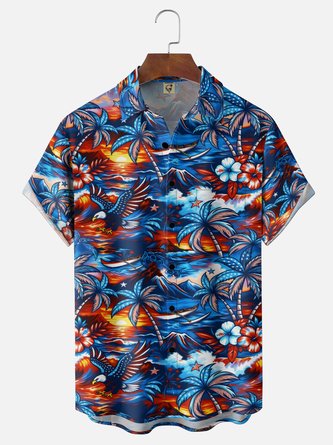 Moisture Wicking Tropical Coconut Tree US Flag Eagle Design Chest Pocket Hawaiian Shirt