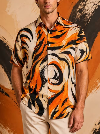 Linen Texture Abstract Striped Chest Pocket Hawaiian Shirt