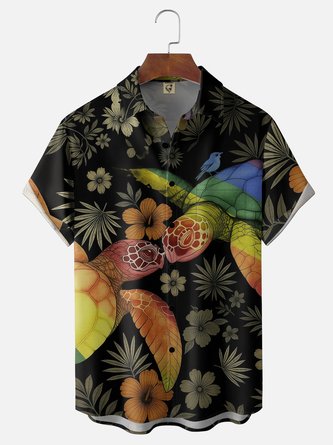 Moisture Wicking Floral & Turtle Print Chest Pocket Hawaiian Shirt
