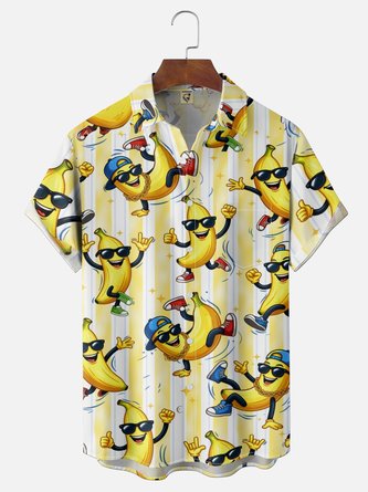 Moisture Wicking Fun Striped Banana Holiday Chest Pocket Hawaiian Shirt