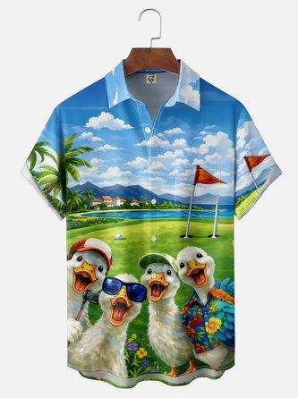 Moisture Wicking Fun Golfing Duck Holiday Chest Pocket Hawaiian Shirt