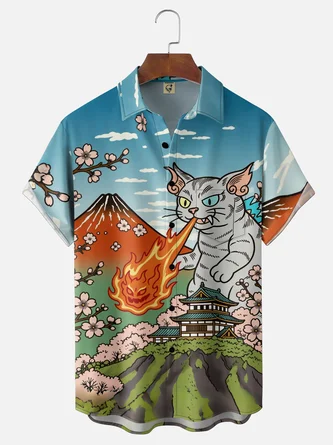 Moisture Wicking Ukiyo e Cherry Blossom Cat Holiday Chest Pocket Hawaiian Shirt