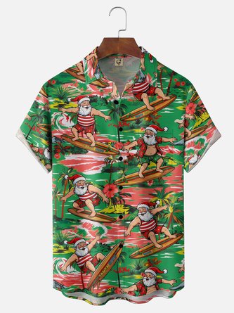 Moisture Wicking July Christmas Surfing Santa Holiday Chest Pocket Hawaiian Shirt