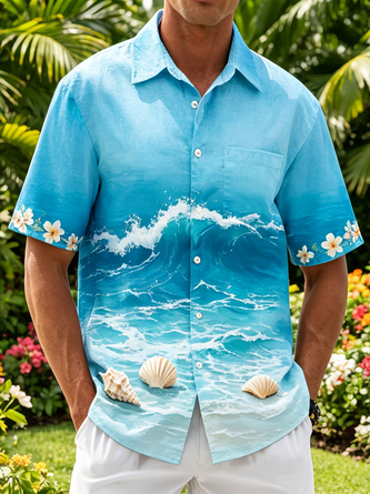 Linen Texture Tropical Floral Wave Print Chest Pocket Holiday Hawaiian Shirt