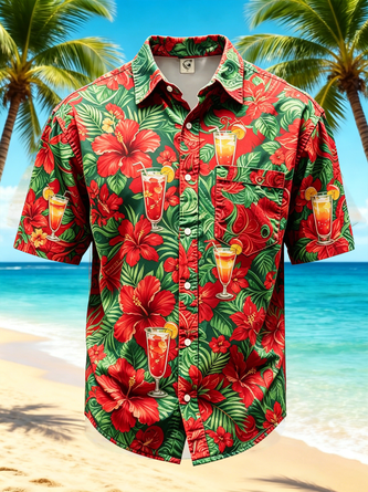 Moisture wicking Tropical Plant Cocktail Print Chest Pocket Hawaiian Shirt