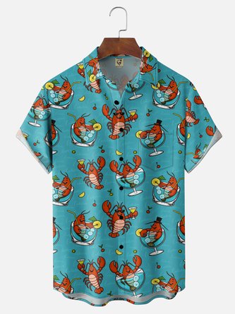 Moisture Wicking Lobster Cocktail Chest Pocket Holiday Hawaiian Shirt