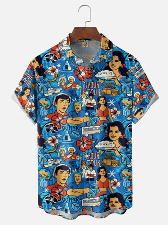 Moisture wicking Tropical Island Story Chest Pocket Holiday Hawaiian Shirt