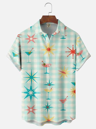 Moisture Wicking Abstract Art Cocktail Print Chest Pocket Hawaiian Shirt