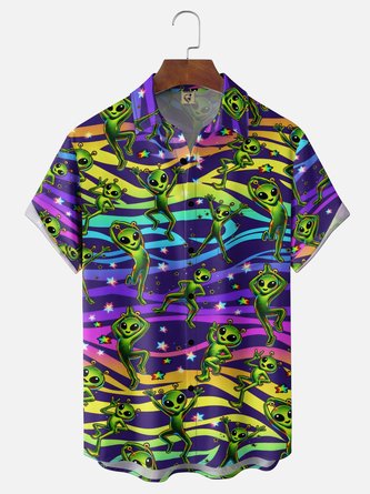 Moisture Wicking Abstract Gradient Alien Print Chest Pocket Holiday Hawaiian Shirt
