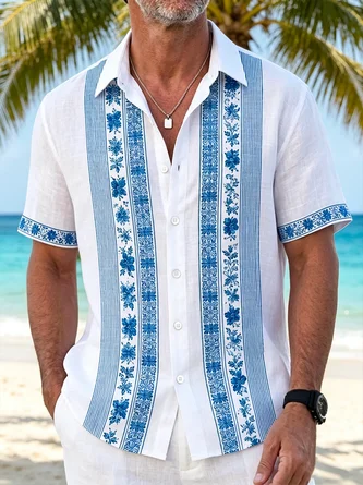 Linen Texture Abstract Striped Floral Chest Pocket Guayabera Shirt