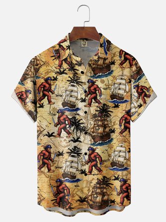 Moisture Wicking Nautical Pirate Bigfoot Holiday Chest Pocket Hawaiian Shirt