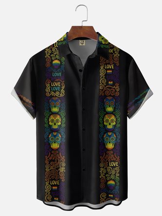 Moisture Wicking LGBT Skull Holiday Chest Pocket Bowling Shirt