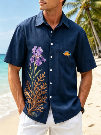 Moisture Wicking Tropical Reef & Print Chest Pocket Hawaiian Shirt