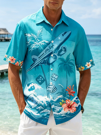 Linen Texture Tropical Plant Floral Parrot Print Holiday Chest Pocket Hawaiian Shirt