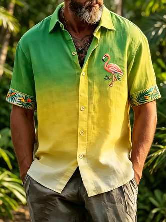 Linen Texture Tropical Plant & Flamingo Chest Pocket Holiday Hawaiian Shirt