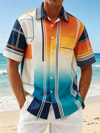 Linen Texture Geometric Gradient Holiday Chest Pocket Hawaiian Shirt
