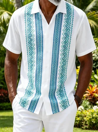 Linen Texture Abstract Striped Chest Pocket Casual Guayabera Shirt