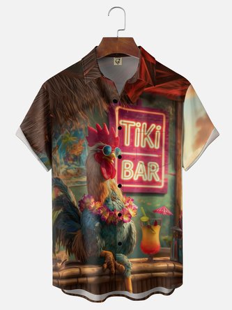 Moisture Wicking Tropical Tiki Bar Cocktail Print Chest Pocket Hawaiian Shirt