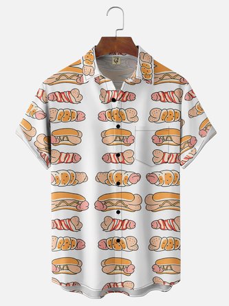 Moisture Wicking Ugly Hot Dog Chest Pocket Holiday Hawaiian Shirt