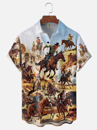 Moisture Wicking Western Cowboy Holiday Chest Pocket Hawaiian Shirt