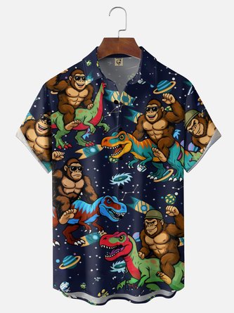 Moisture Wicking Bigfoot Riding Dinosaur Novelty Holiday Chest Pocket Hawaiian Shirt