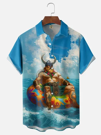 Moisture Wicking Viking Themed Chest Pocket Hawaiian Shirt