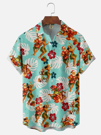 Moisture Wicking Santa Hula July Christmas Theme Holiday Chest Pocket Hawaiian Shirt