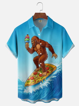 Moisture Wicking Tropical Pizza Surfing Bigfoot Holiday Chest Pocket Hawaiian Shirt