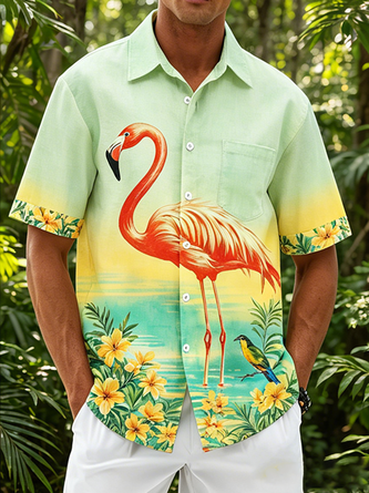 Linen Texture Tropical Plant & Flamingo Print Chest Pocket Holiday Hawaiian Shirt