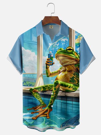 Moisture Wicking Fun Frog Print Chest Pocket Holiday Hawaiian Shirt